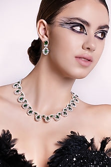 White Rhodium Finish Emerald & Cubic Zirconia Necklace Set