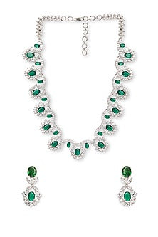 White Rhodium Finish Emerald & Cubic Zirconia Necklace Set