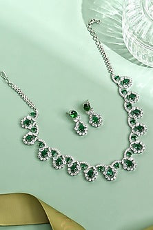 White Rhodium Finish Emerald & Cubic Zirconia Necklace Set