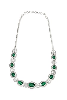 White Rhodium Finish Emerald Cabochon & Cubic Zirconia Necklace Set