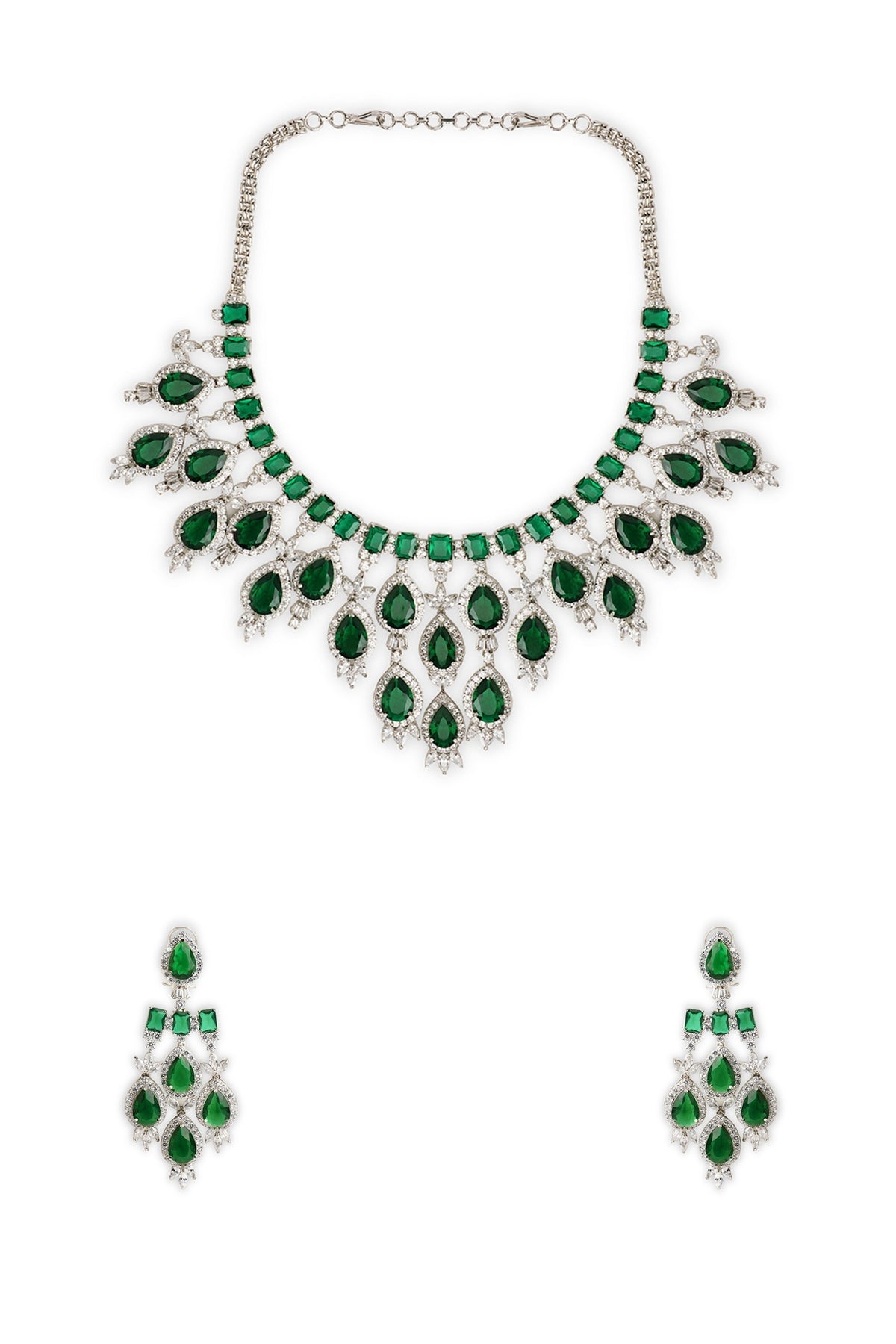 White Rhodium Finish Green Cubic Zirconia Necklace Set