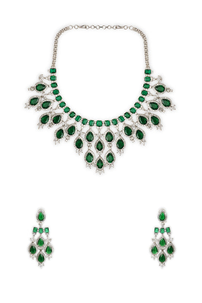 White Rhodium Finish Green Cubic Zirconia Necklace Set