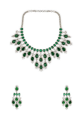 White Rhodium Finish Green Cubic Zirconia Necklace Set