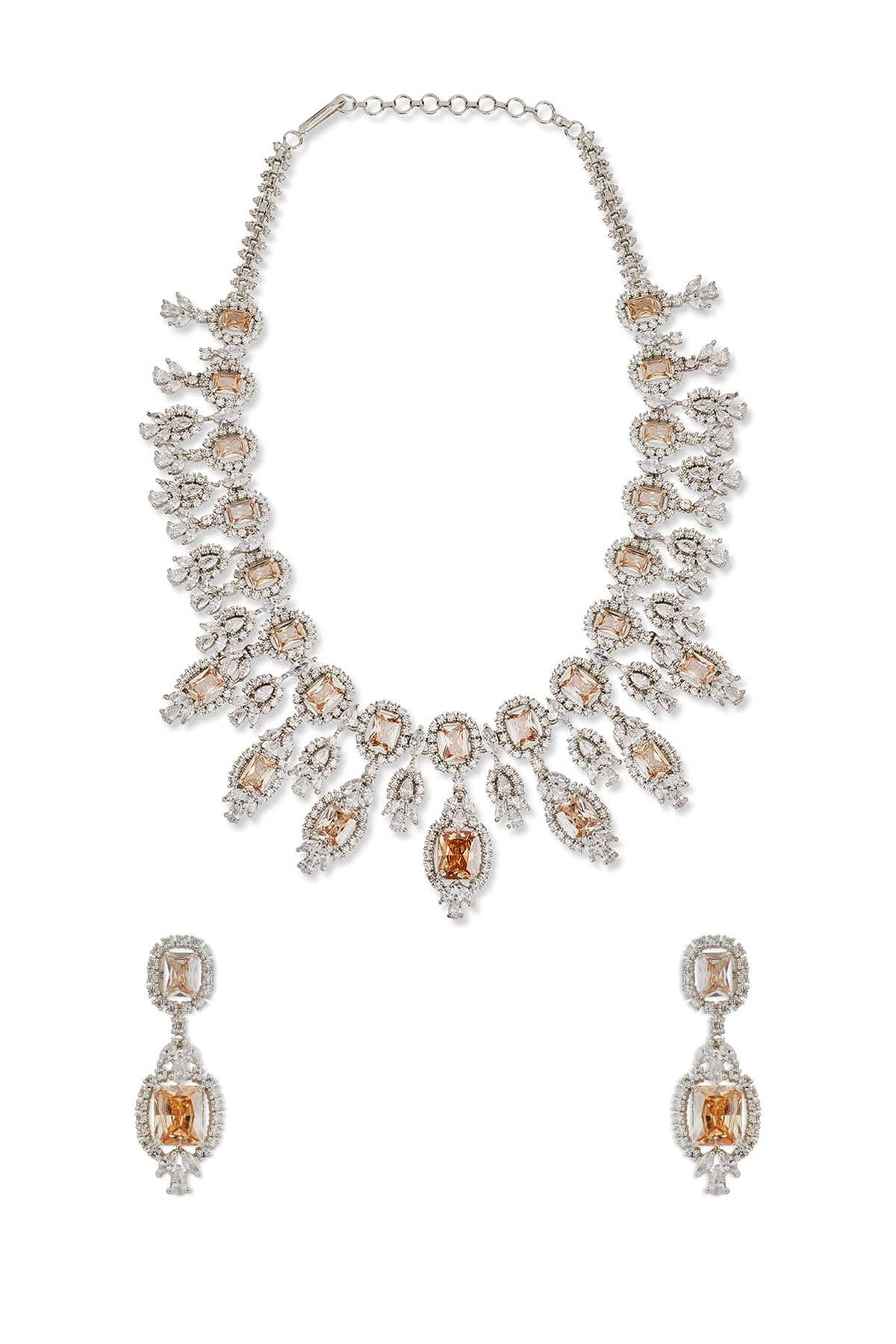 White Rhodium Finish Amber & Cubic Zirconia Necklace Set