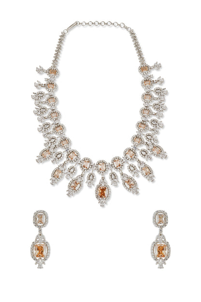 White Rhodium Finish Amber & Cubic Zirconia Necklace Set