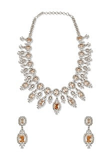 White Rhodium Finish Amber & Cubic Zirconia Necklace Set