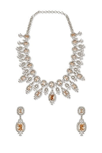 White Rhodium Finish Amber & Cubic Zirconia Necklace Set