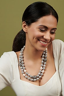 Rhodium Finish Double Layered Pearl Necklace