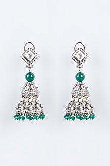 White Finish Green Beaded Jhumka Earrings