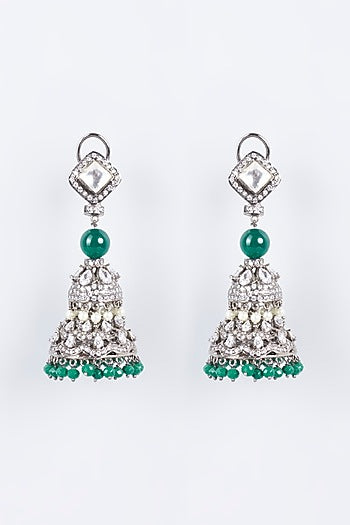 White Finish Green Beaded Jhumka Earrings