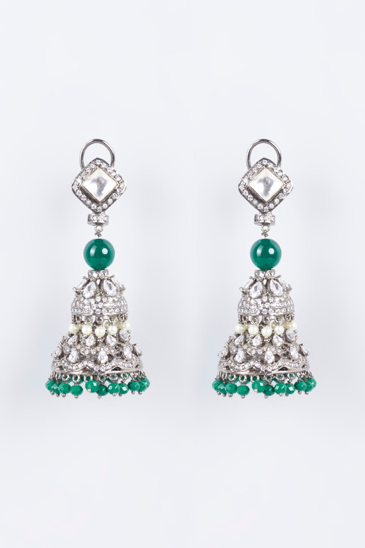 White Finish Green Beaded Jhumka Earrings