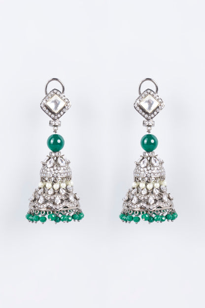 White Finish Green Beaded Jhumka Earrings