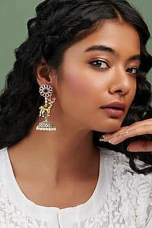 Oxidised Gold Finish Antler Motif Statement Jhumka Earrings