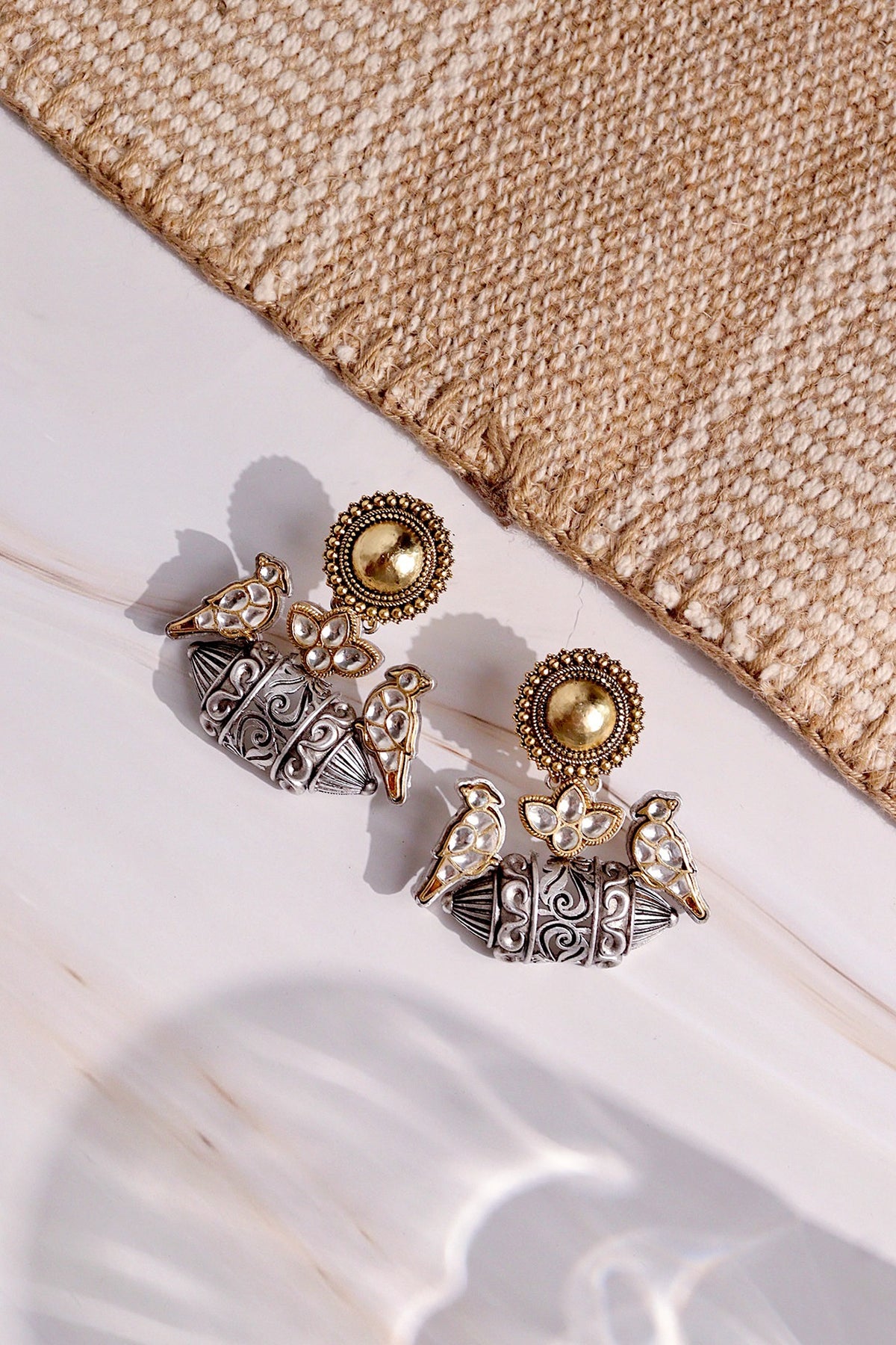 Two-Tone Finish Parrot Swing Statement Dangler Earrings