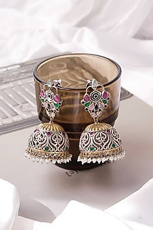 Two-Tone Finish Pink Semi-Precious Stone Jhumka Earrings