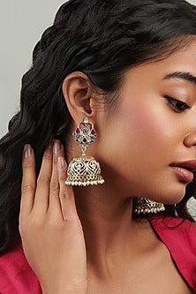 Two-Tone Finish Pink Semi-Precious Stone Jhumka Earrings