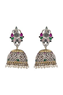 Two-Tone Finish Pink Semi-Precious Stone Jhumka Earrings
