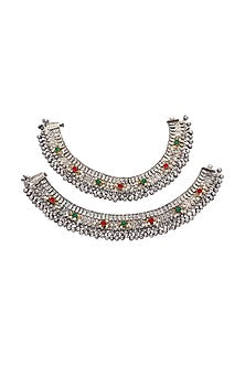 Two-Tone Finish Ghunghroo & Semi-Precious Stone Anklet (Set of 2)