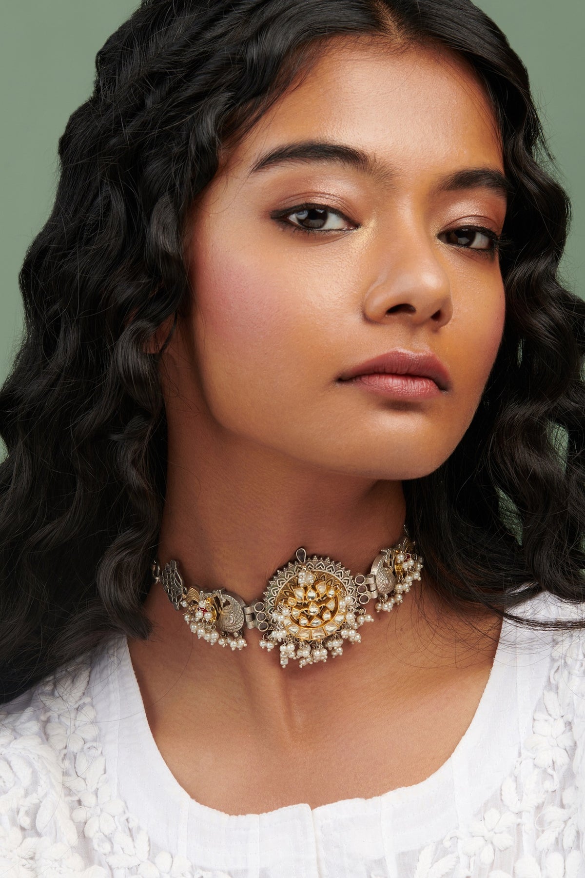 Two-Tone Finish Semi-Precious Stone Choker Necklace