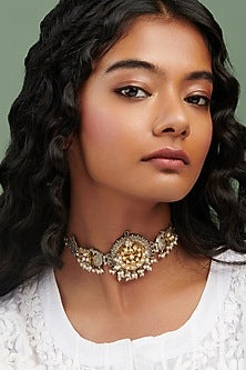 Two-Tone Finish Semi-Precious Stone Choker Necklace