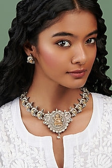 Two-Tone Finish Semi- Precious Stone Temple Necklace Set
