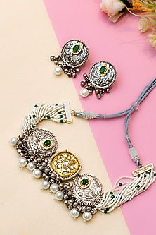 Two-Tone Finish Pearls & Green Semi-Precious Stones Choker Necklace Set