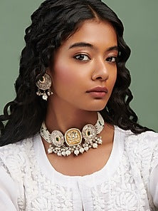 Two-Tone Finish Pearls & Green Semi-Precious Stones Choker Necklace Set