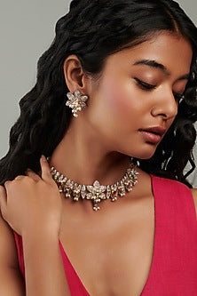 Two-Tone Finish Semi-Precious Stones Floral Choker Necklace Set