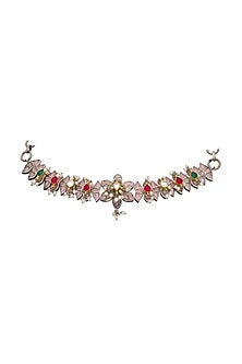Two-Tone Finish Semi-Precious Stones Floral Choker Necklace Set