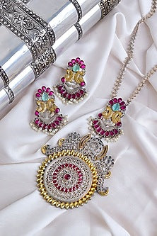 Two-Tone Finish Gemstones Chakra Long Necklace Set