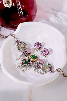 Two-Tone Finish Green Semi- Precious Stone Rangoli Rain Necklace Set