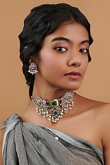 Two-Tone Finish Green Semi- Precious Stone Rangoli Rain Necklace Set