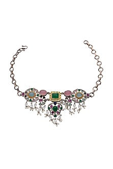 Two-Tone Finish Green Semi- Precious Stone Rangoli Rain Necklace Set