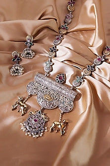 Two-Tone Finish Nandi Bull Beaded Temple Long Necklace Set