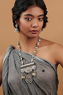 Two-Tone Finish Nandi Bull Beaded Temple Long Necklace Set