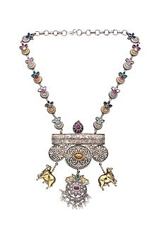 Two-Tone Finish Nandi Bull Beaded Temple Long Necklace Set