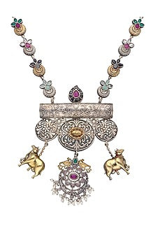 Two-Tone Finish Nandi Bull Beaded Temple Long Necklace Set