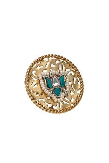 Gold Finish Turquoise Stone & Lotus Floral Motif Adjustable Ring