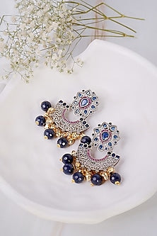 Two-Tone Finish Blue Ghungroos Chandbali Earrings