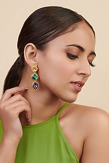 Gold Finish Multi-Colored Stone Dangler Earrings