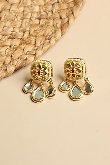 Gold Finish Kundan Polki Enameled Stud Earrings