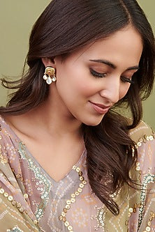 Gold Finish Kundan Polki Enameled Stud Earrings