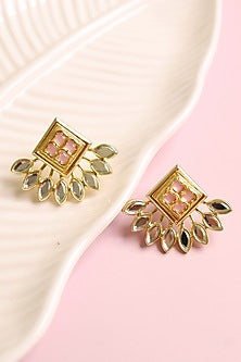 Gold Finish Mirror Enameled Stud Earrings