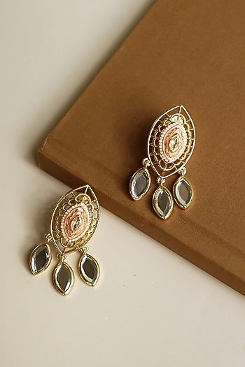 Gold Finish Mirror & Pearl Enameled Stud Earrings