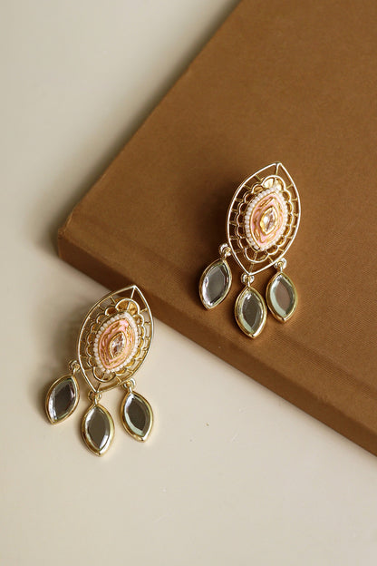 Gold Finish Mirror & Pearl Enameled Stud Earrings