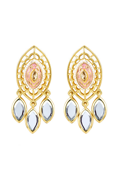 Gold Finish Mirror & Pearl Enameled Stud Earrings