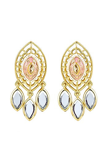 Gold Finish Mirror & Pearl Enameled Stud Earrings