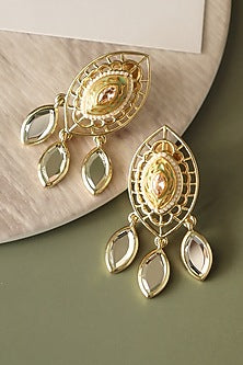 Gold Finish Kundan Polki & Pearl Enameled Stud Earrings