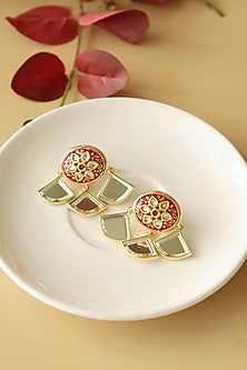 Gold Finish Kundan Polki Enameled Stud Earrings