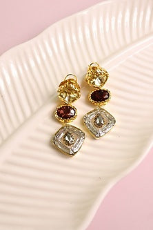 Gold Finish Wine & Gold Stone Dangler Earrings